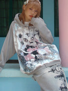 CFIERCE Abandoned Bunny Print Zip Up Hoodie in Gray