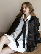 PUKI Distressed PU Leather Bomber Jacket in Brown - On Model