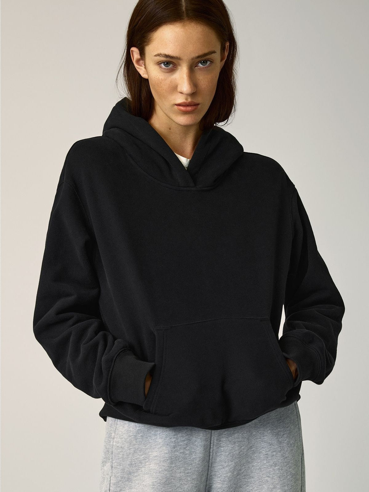 Alright Then 100 Cotton Brushed Fleece Hoodie in Black - On Model
