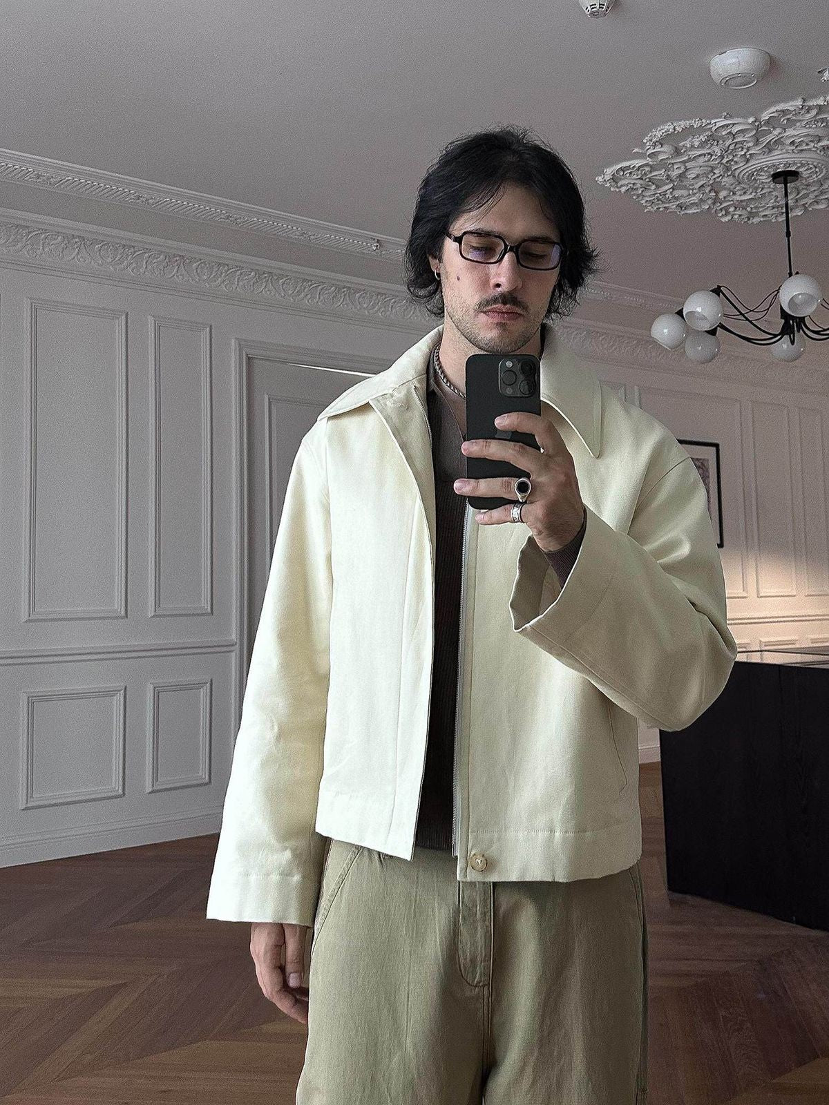 Roolrren Homme Curved Sleeve Padded Cotton Jacket in Cream - On Model