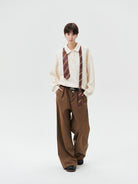 LOSTCTRL Button Front Straight Leg Trousers in Brown - On Model