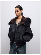RandomPiece Short Hooded Duck Down Bomber in Black - On Model