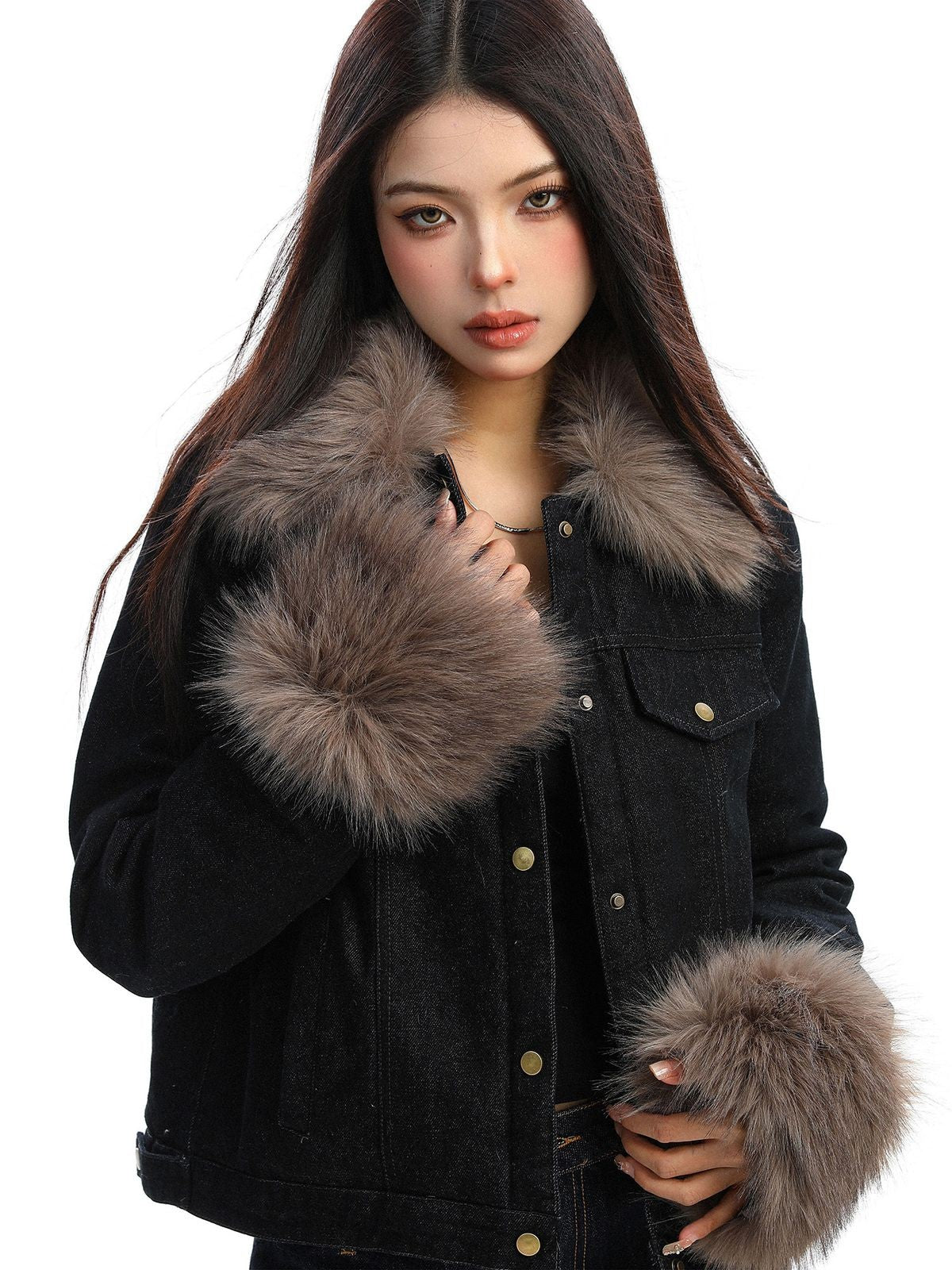 BIGGOLD STUDIO Fur Trim Padded Denim Jacket in Black - On Model #color_black
