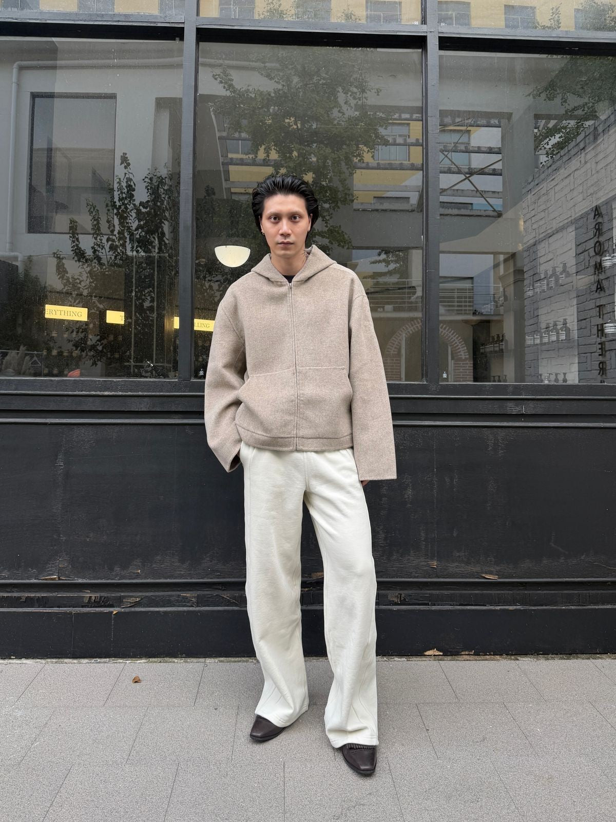 TRIANGLE PROJECT Double Faced Wool Cashmere Hoodie in Oatmeal - On Model