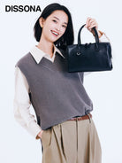 DISSONA Leather Top Handle Boston Bag in Black - On Female Model