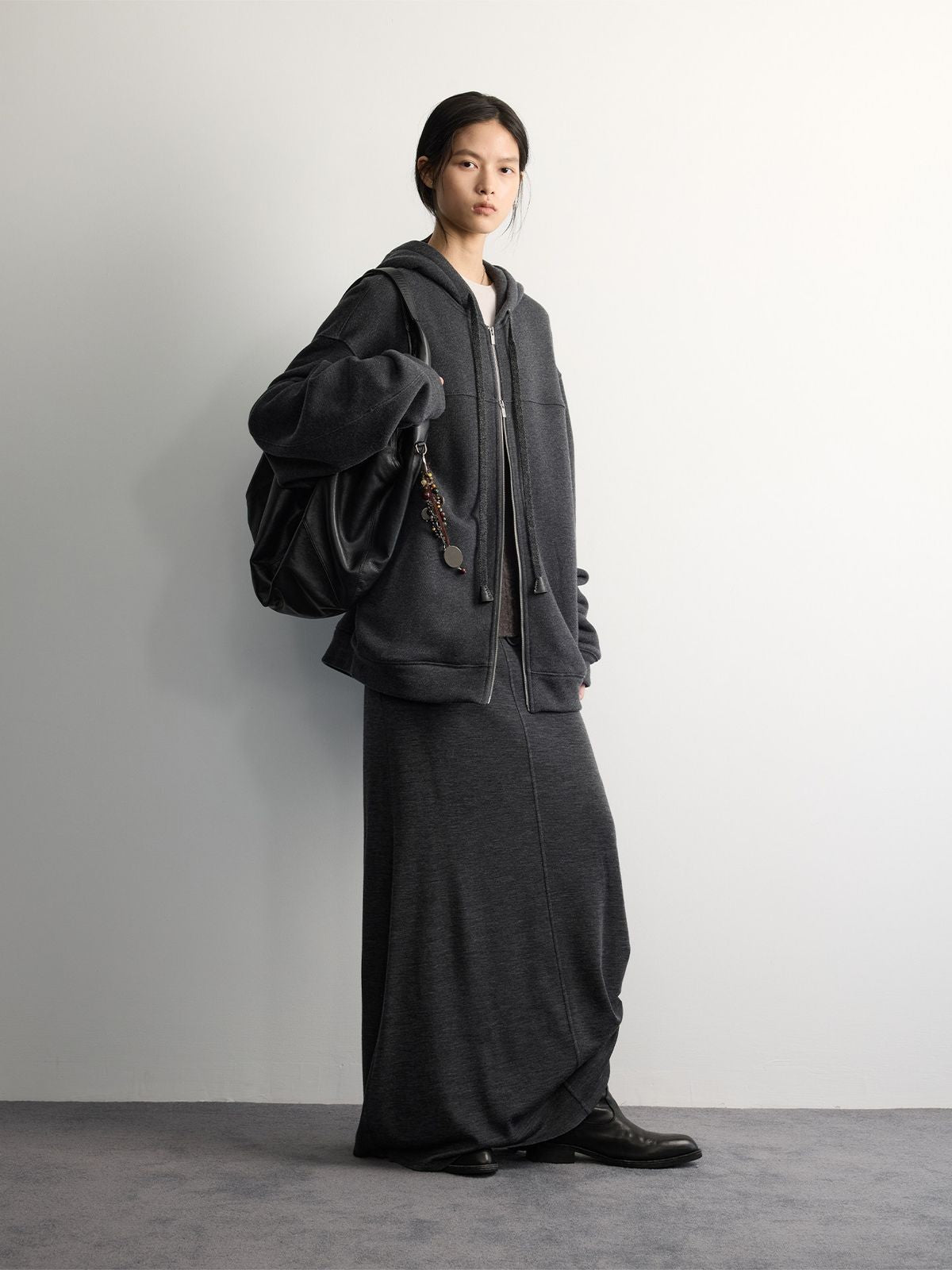 RandomPiece Fleece Lined Cotton Wool Zip Hoodie in Gray - On Model