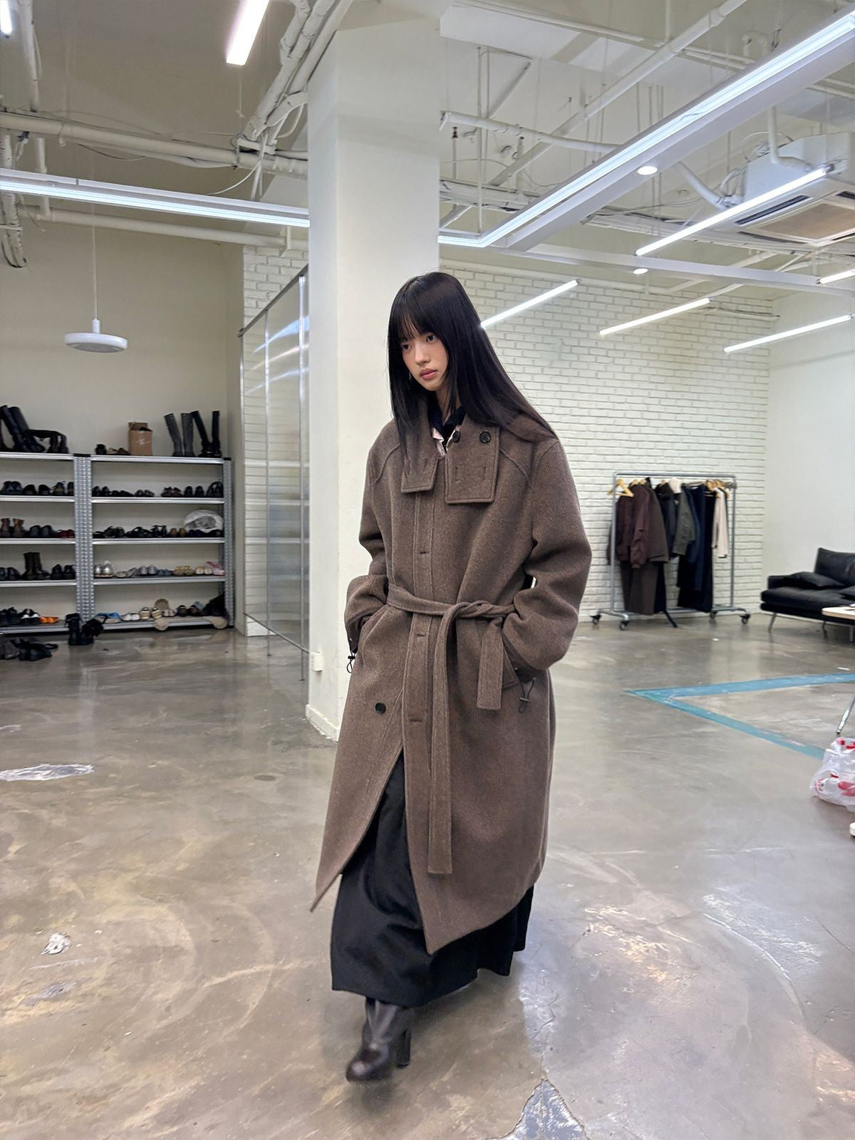 NeverSeez Asymmetric Raw Edge Wool Coat in Coffee - On Model