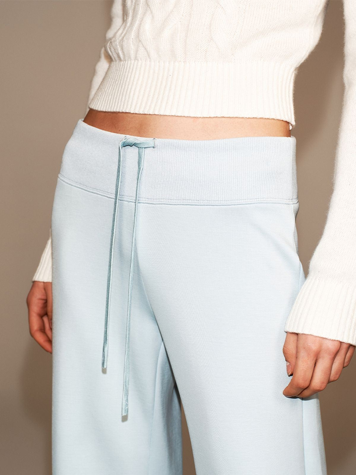 PUKI Lyocell Wide Leg Drawstring Trousers in Sky Blue - On Model