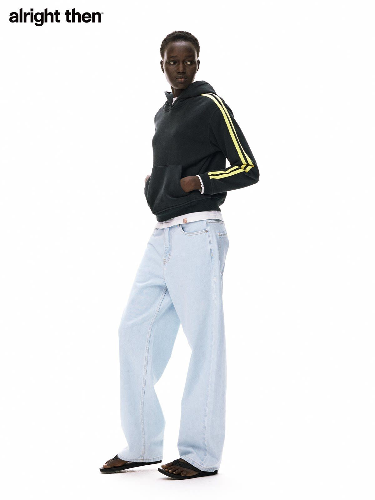 alright then Side Stripe Cotton Blend Hoodie in Blue - On Model