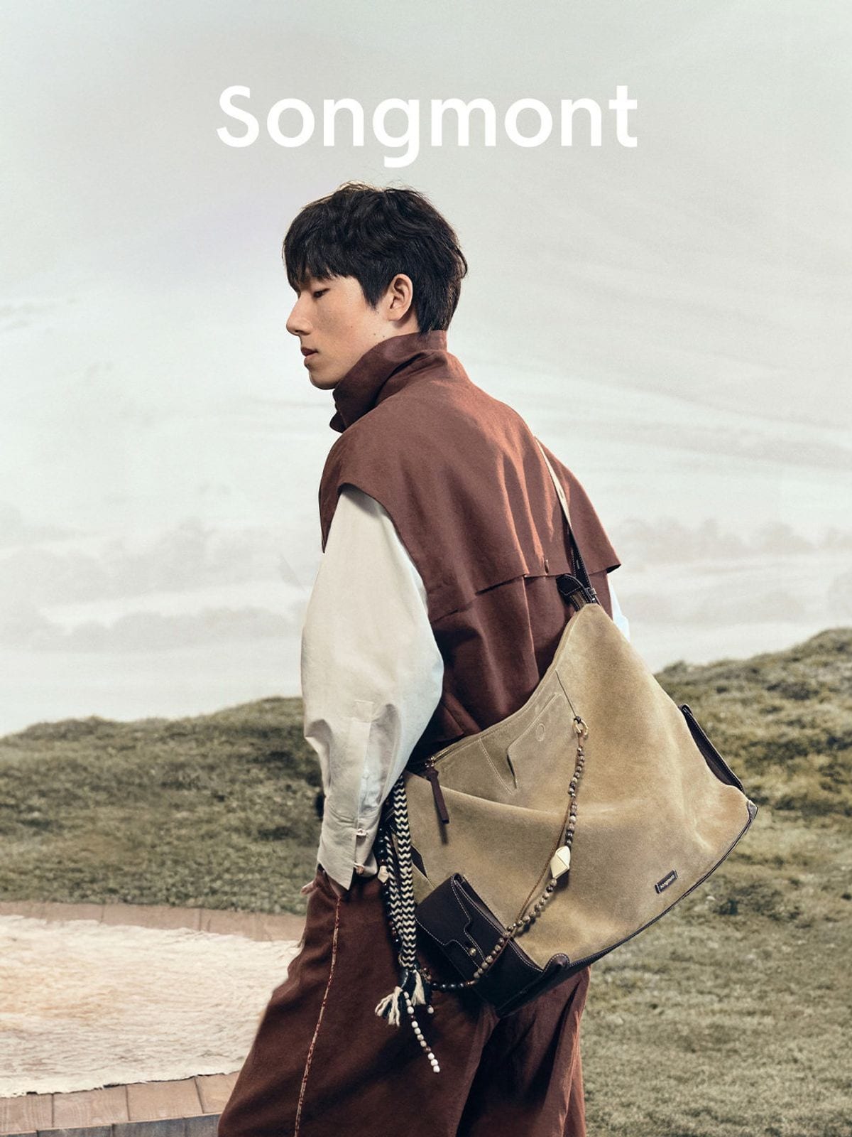 Songmont Large Suede Travel Hobo in Beige - On Model