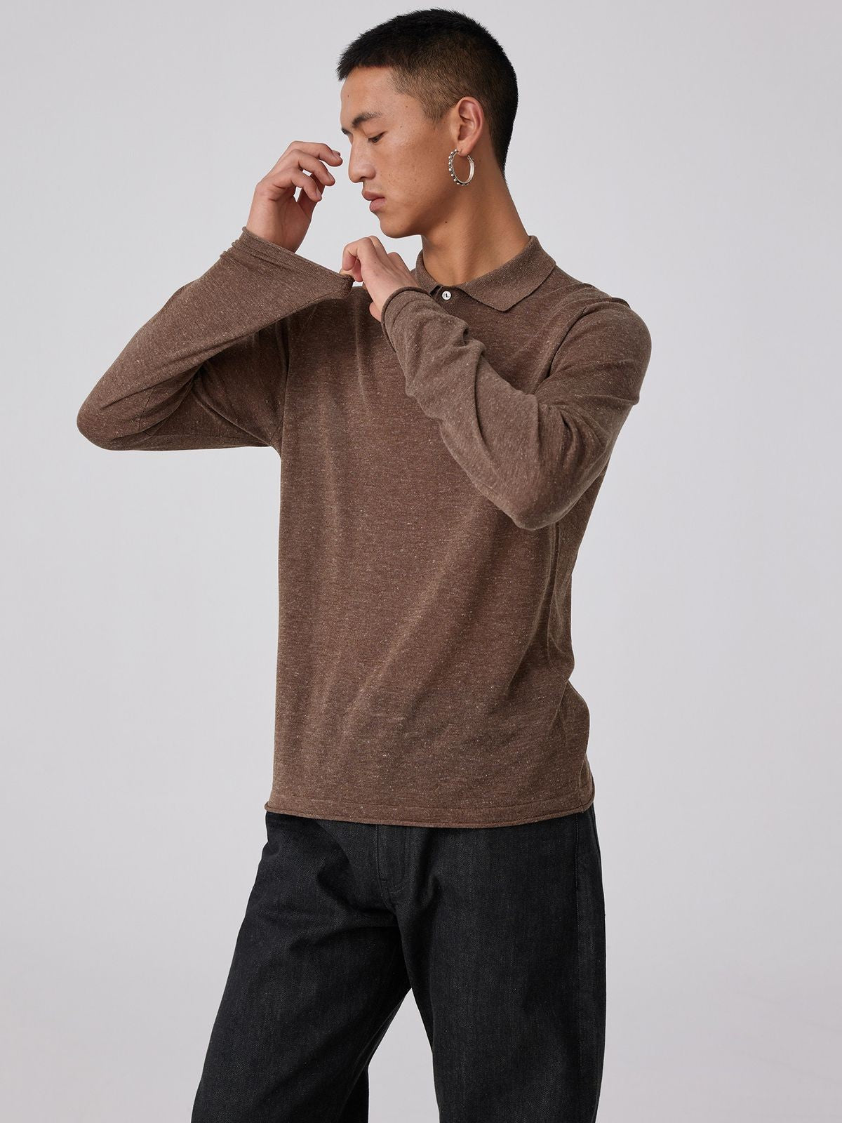 Simple Project Semi Sheer Linen Blend Knit Polo in Brown - On Male Model