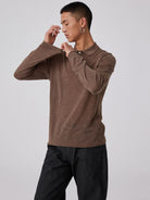 Simple Project Semi Sheer Linen Blend Knit Polo in Brown - On Male Model