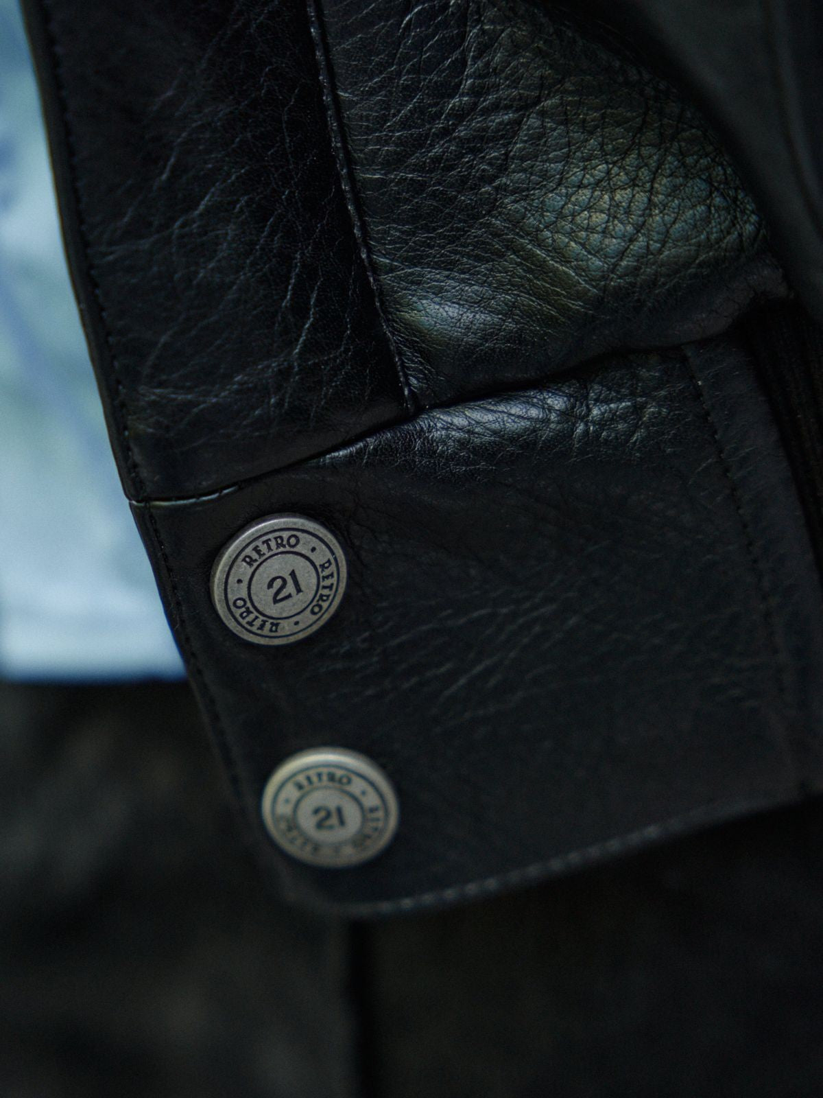 Retro 21 Faux Leather Biker Jacket with Fur Collar in Black - Detail