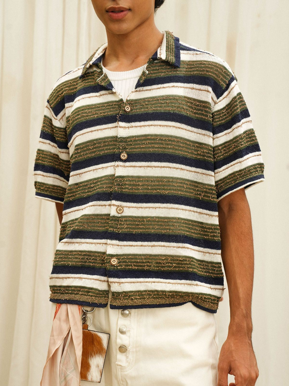 Retro 21 Contrast Stripe Knit Shirt in White - On Model