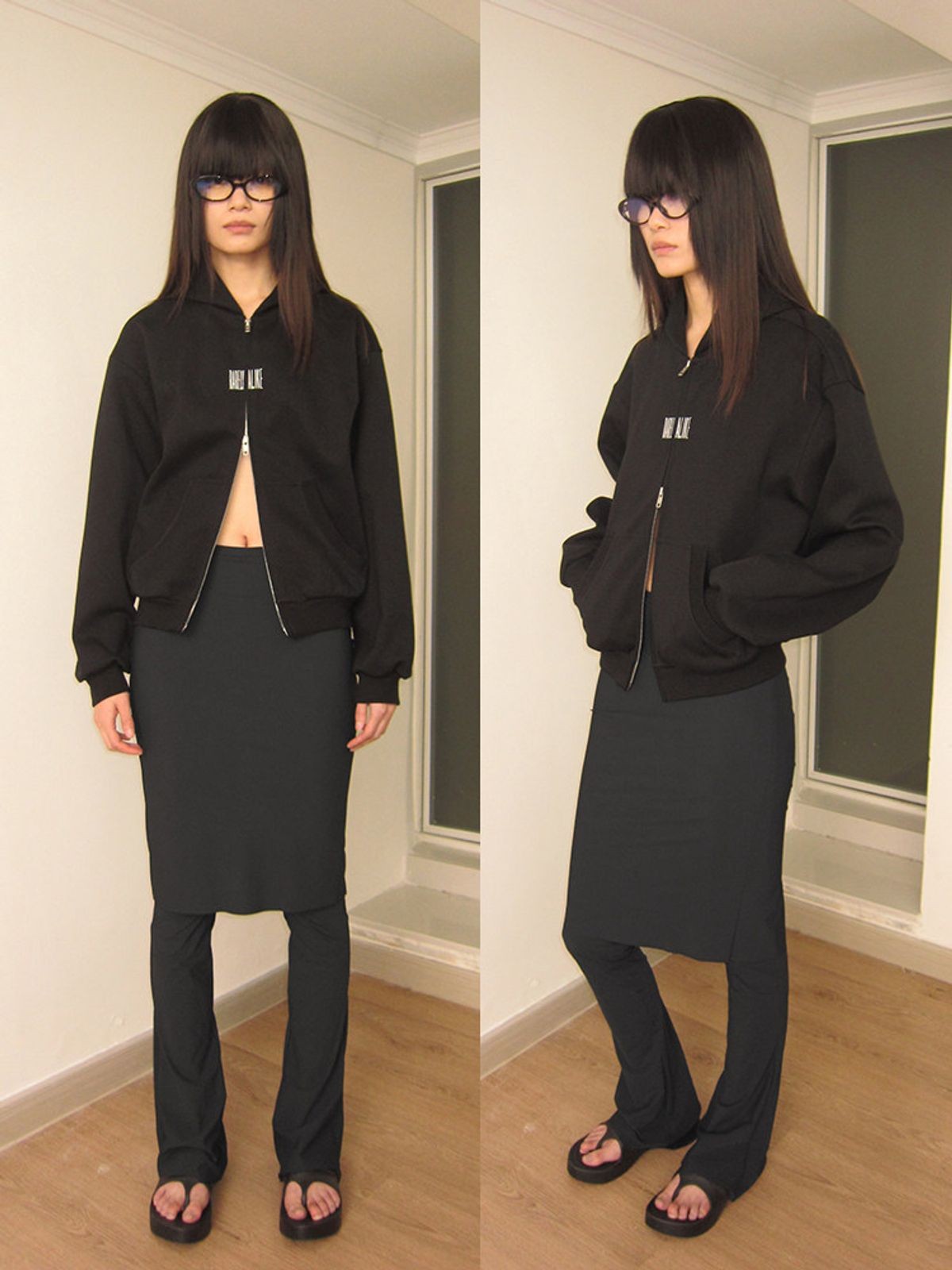 RARELY ALIKE Skirted Micro Flare Trousers in Dark Gray - On Model