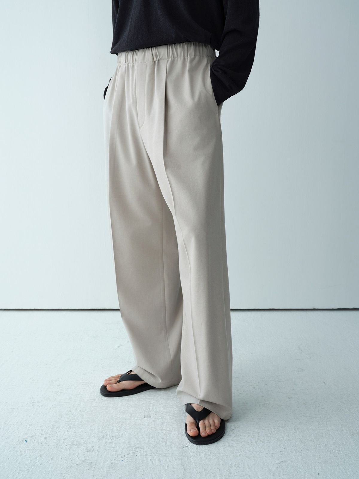 ROYA Wide Leg Wool Blend Trousers in Beige - On Model