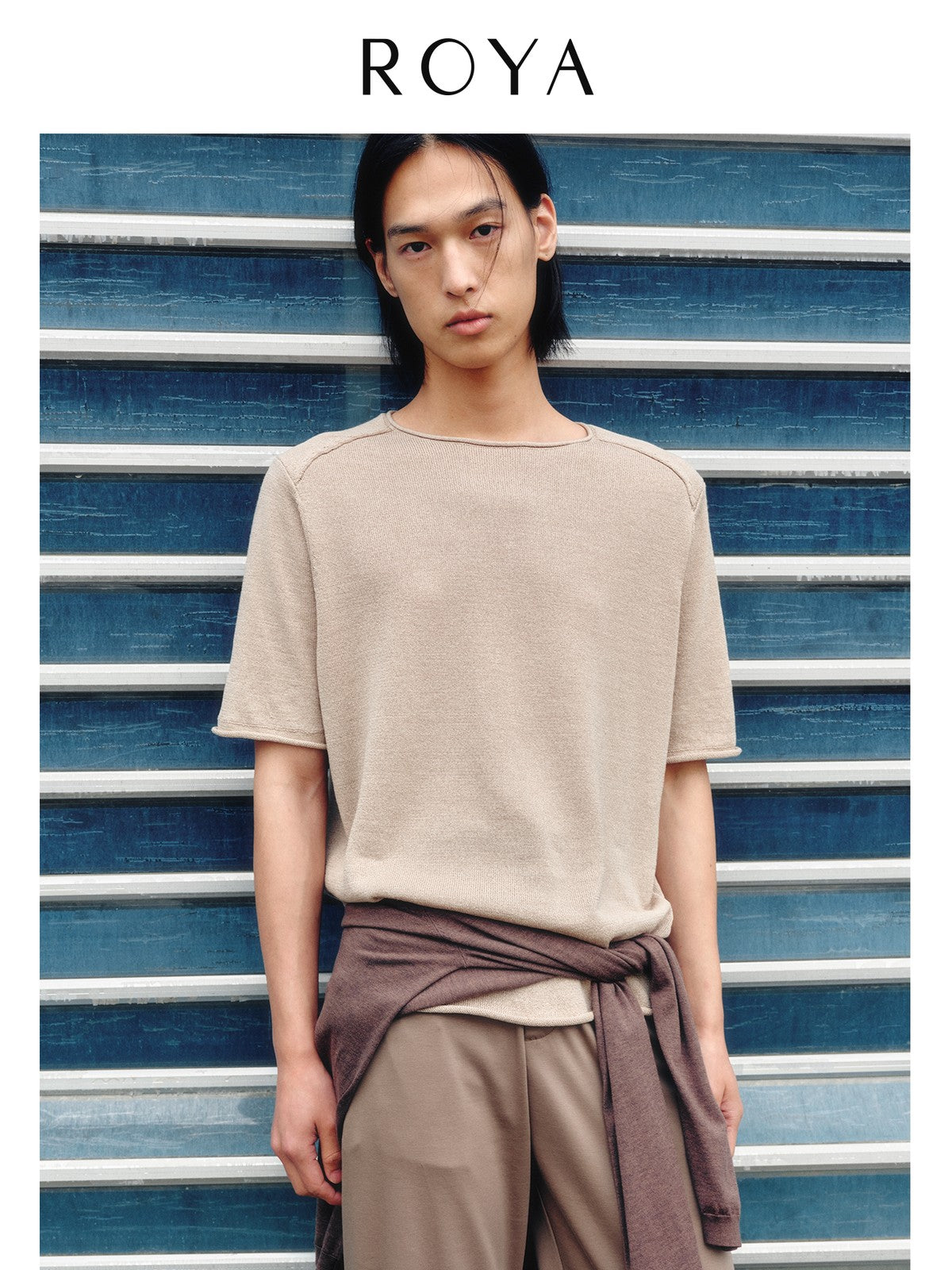 ROYA Rolled Edge Washi Silk Knit T Shirt in Beige - On Model