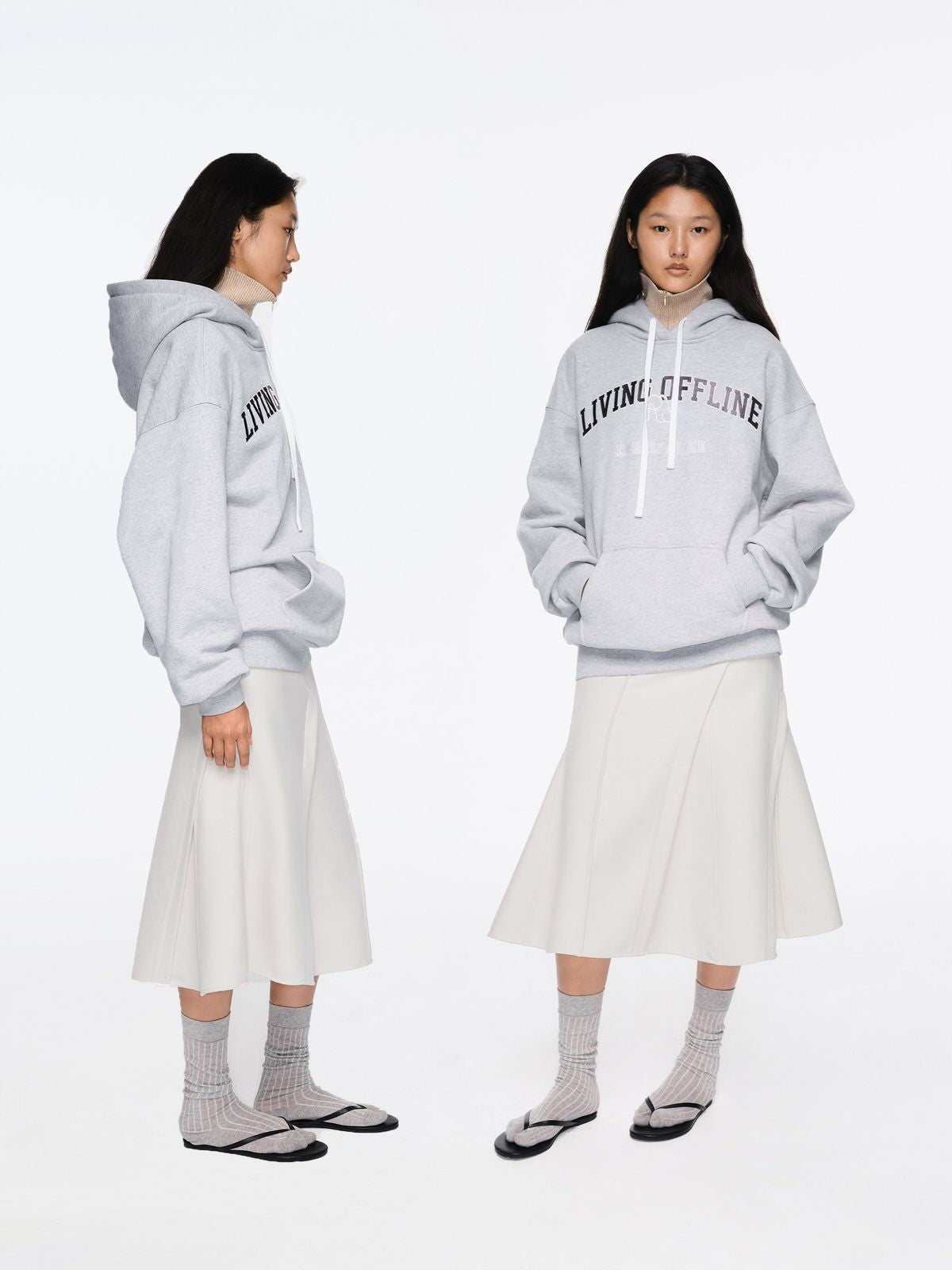 RARELY ALIKE Living Offline Embroidered Fleece Hoodie in Gray - On Model