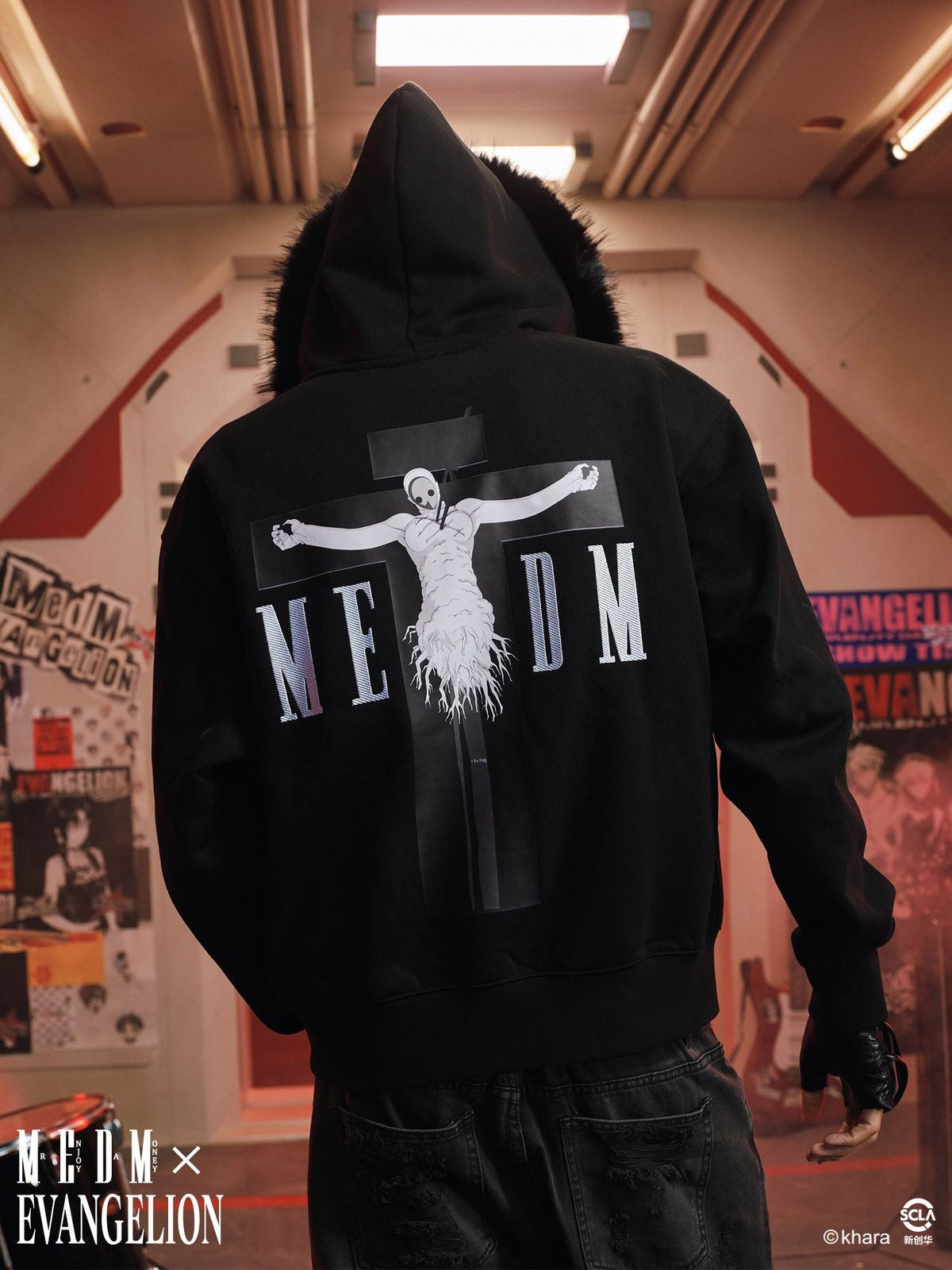 MEDM Lilith Graphic Fur Collar Zip Hoodie in Black - On Male Model