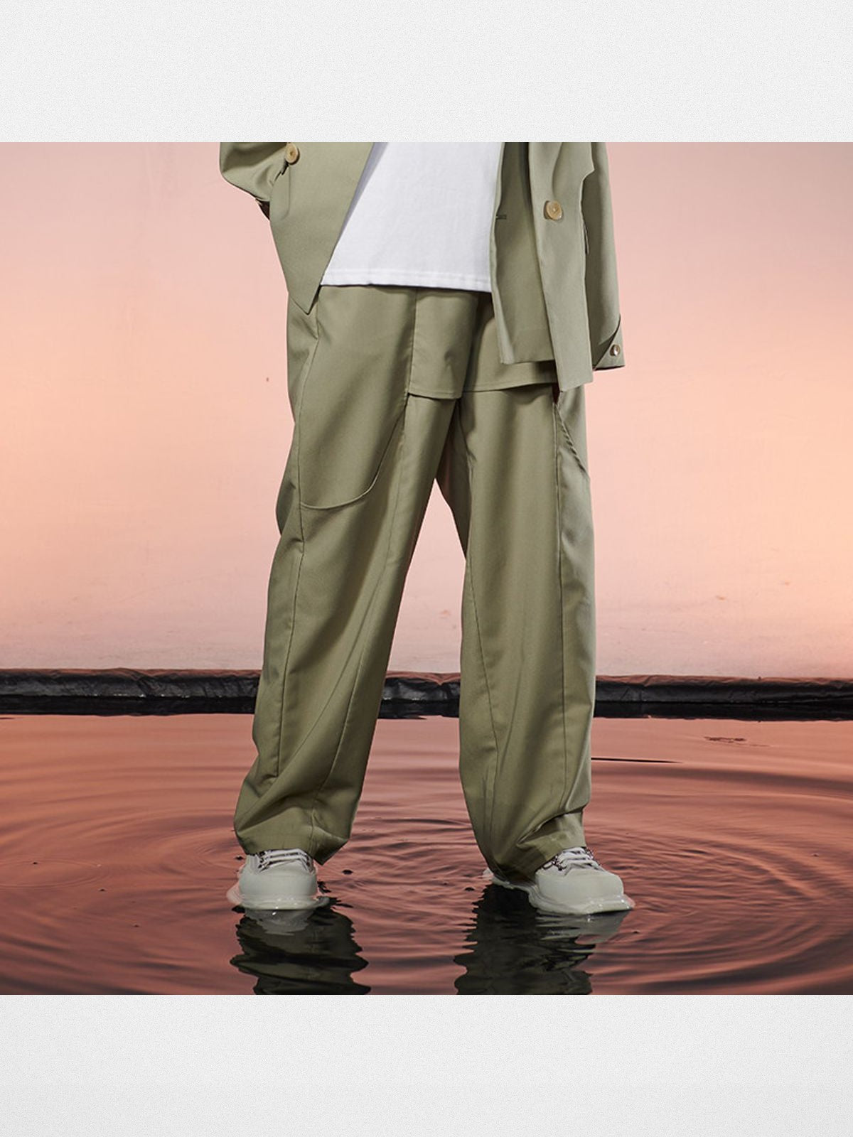 LOSTCTRL Irregular Panel Wide Leg Trousers in Olive - On Model
