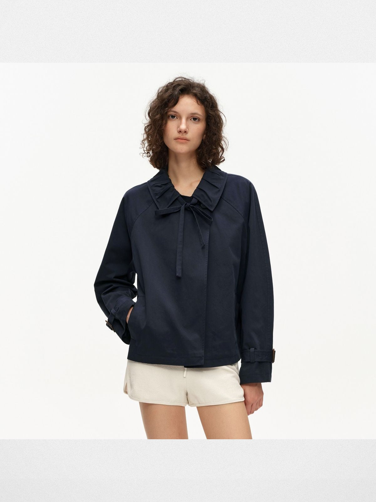 PUKI Short Trench Jacket with Bow Detail in Navy Blue - On Model