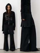 THELIGHT OFFICIAL Beaded Ruffle Trim Trousers in Black - On Model
