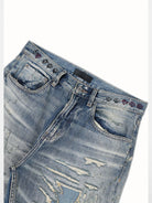 SOD Distressed Graffiti Embroidered Jeans in Blue