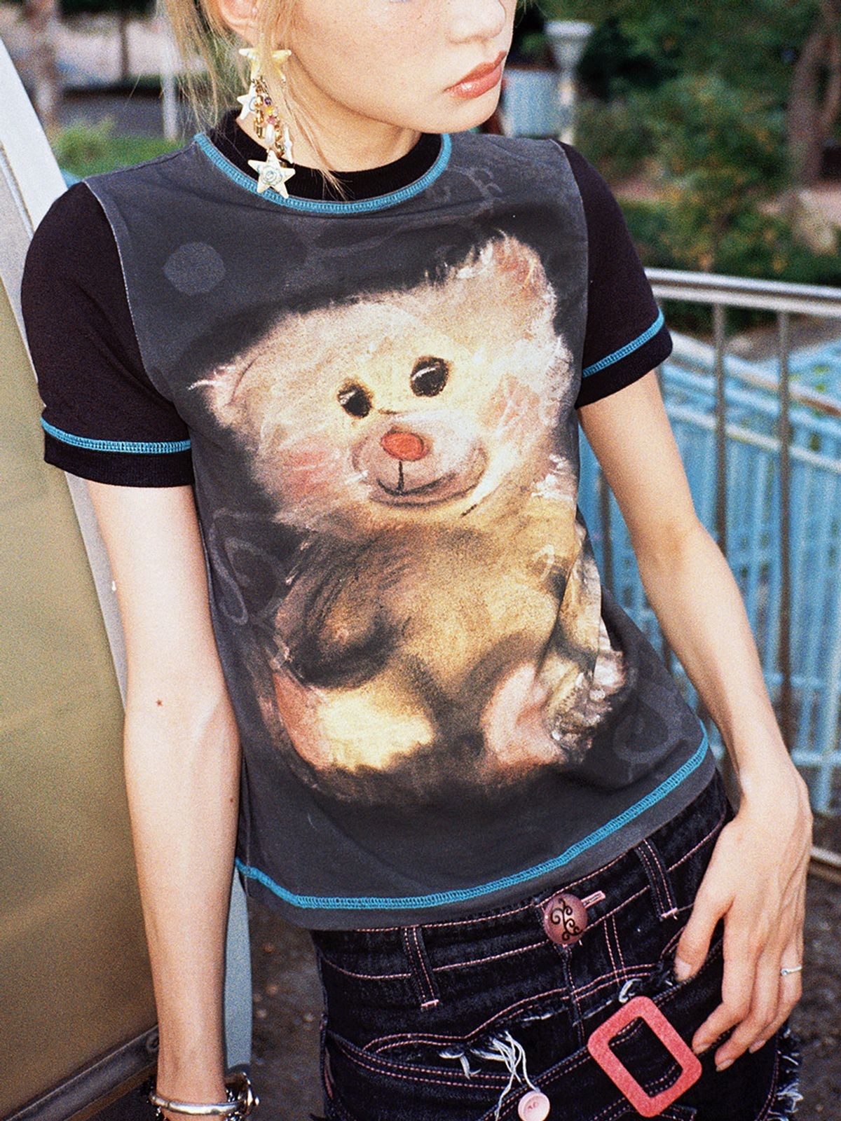 CFIERCE Little Bear Print Contrast Stitch Tee in Black - On Model