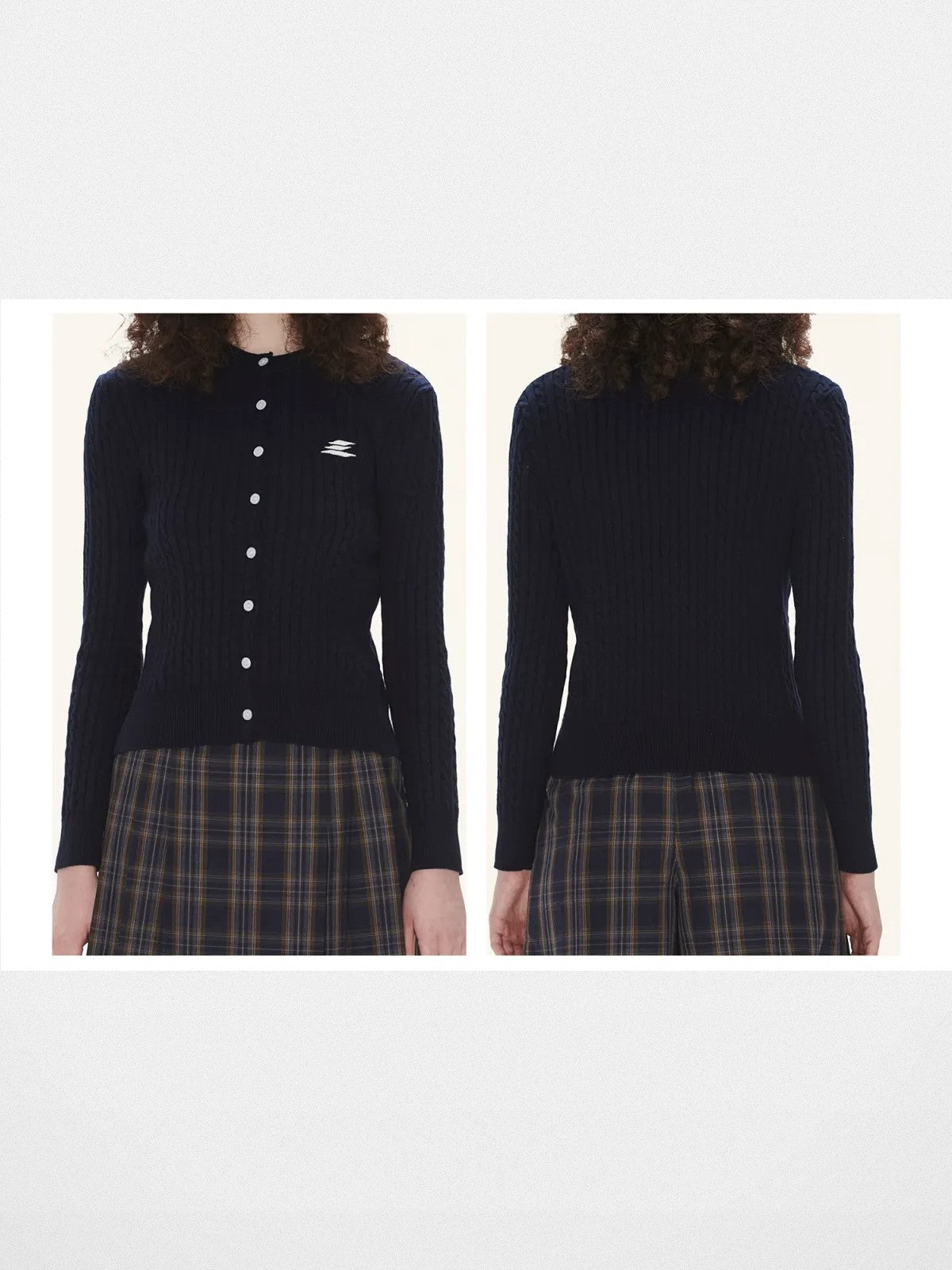 LOSTCTRL Cropped Cable Knit Cotton Cardigan in Blue - On Model