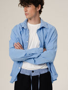 Retro 21 Pleated Bamboo Rayon Shirt in Blue - On Model