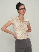 Amee Checkered Mesh Zip Front Polo in Yellow - On Model