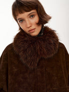 PUKI Washed Suede Parka with Fur Collar in Coffee - On Model
