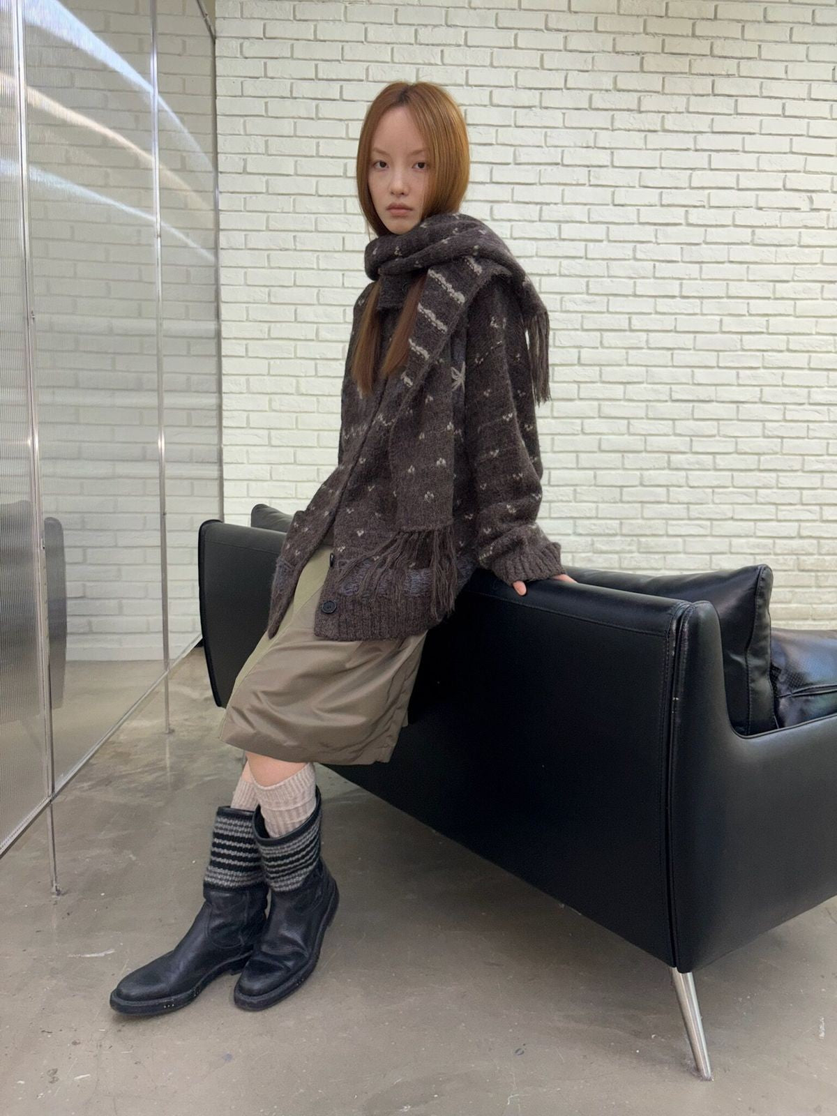 NeverSeez Hand Stitched Fair Isle Cardigan in Brown - On Model