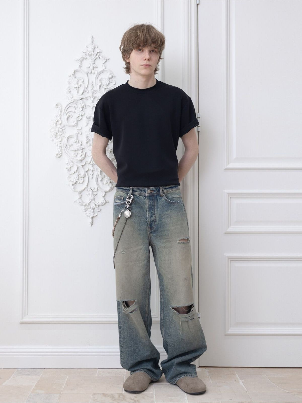 Roolrren Homme Structured Modal Air Layer T Shirt in Navy Blue - On Model