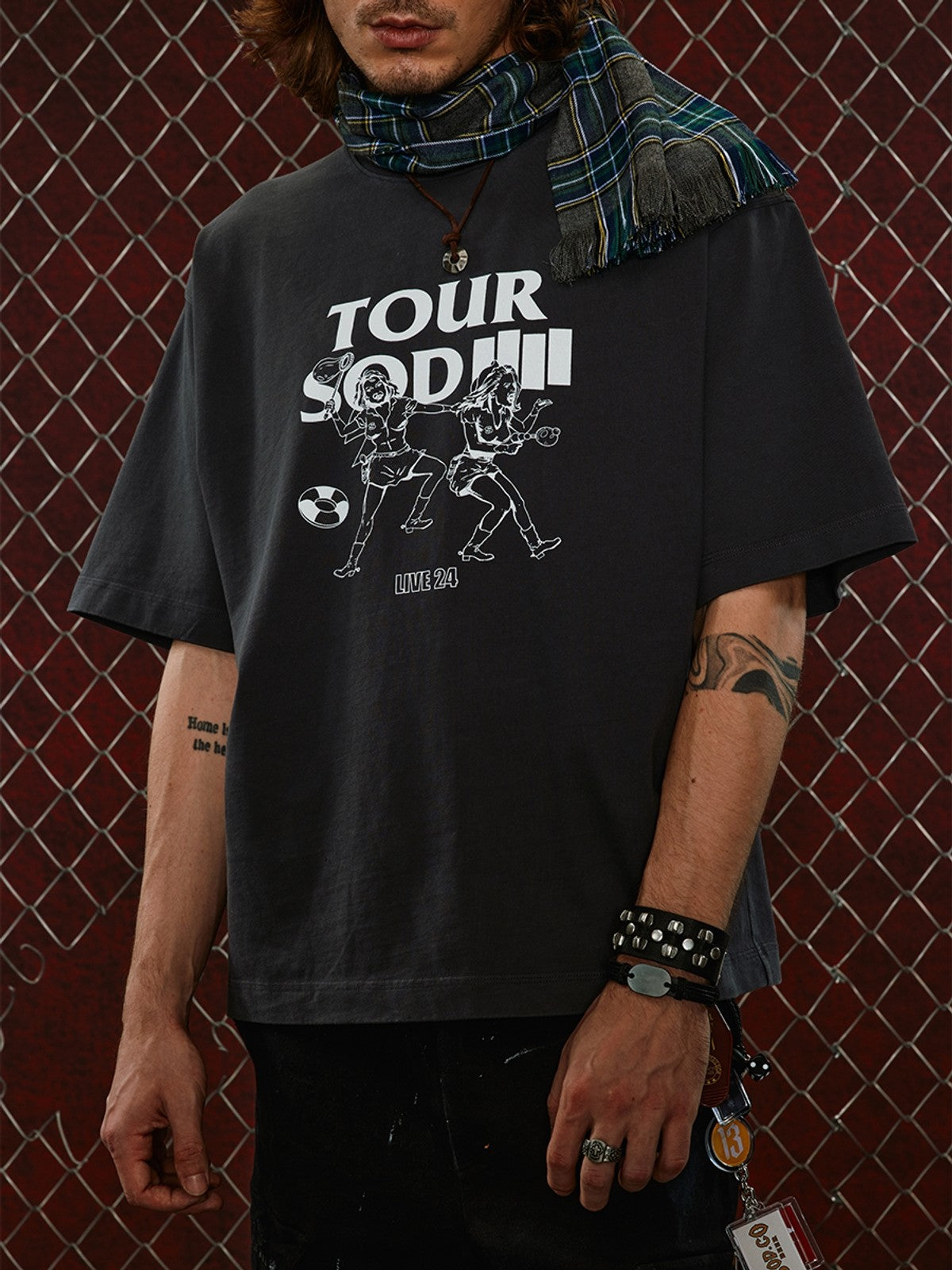 SOD Vintage Wash Tour Graphic T Shirt in Gray - On Model