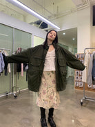 NeverSeez Distressed Cotton Barn Jacket in Green - On Female Model