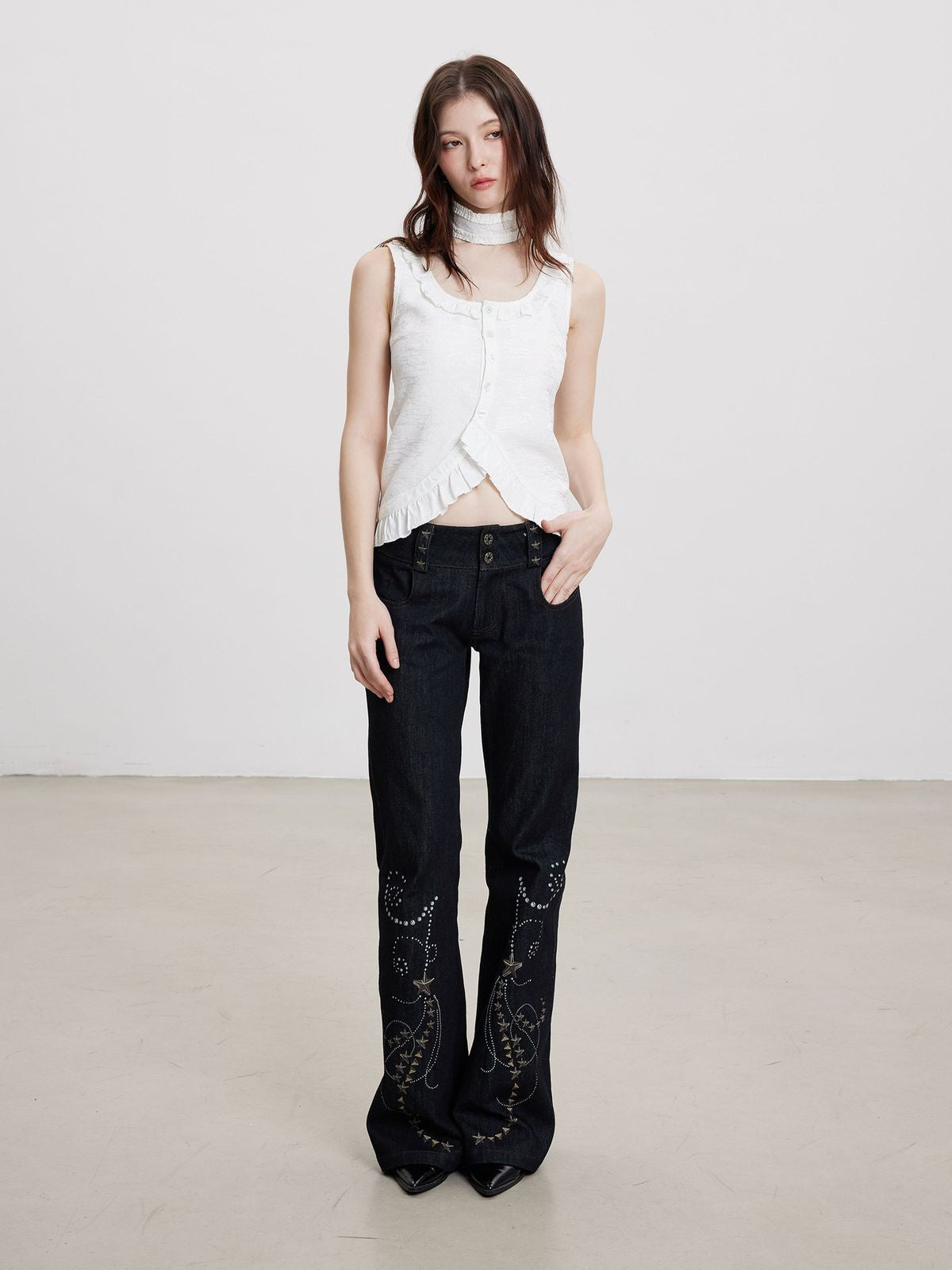 THELIGHT OFFICIAL Star Pattern Raw Denim Micro Flare Jeans in Navy - On Model