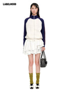 SHUSHUTONG Color Block Wool Zip Cardigan in White - On Model