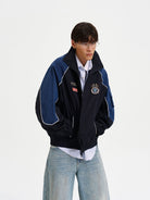MASONPRINCE Color Blocked Badge Track Jacket in Blue - On Model #color_blue