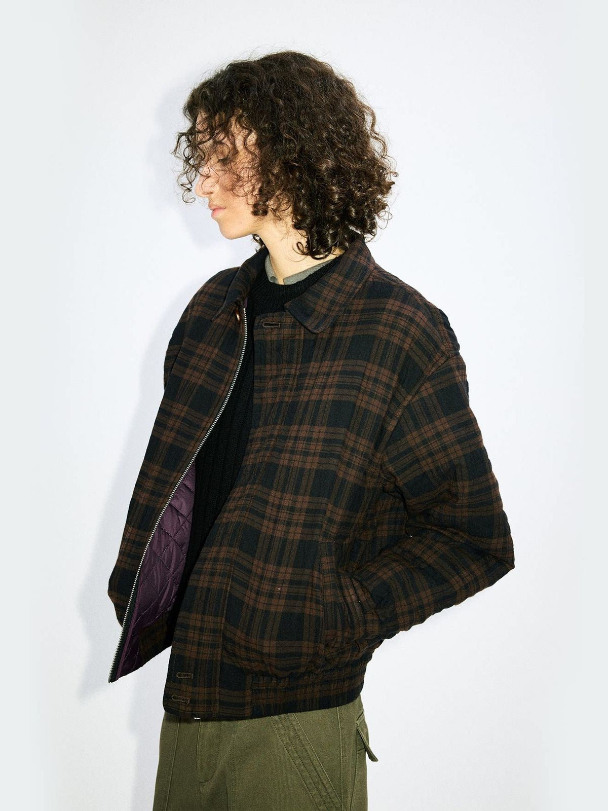 Alright Then Textured Plaid Padded Jacket in Coffee - On Model