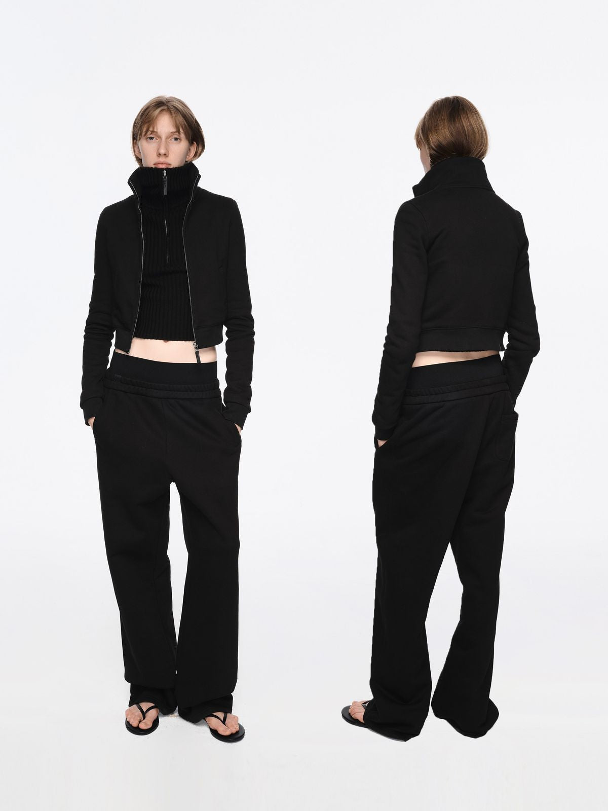 RARELY ALIKE Cropped Stand Collar Zip Jacket in Black - On Model