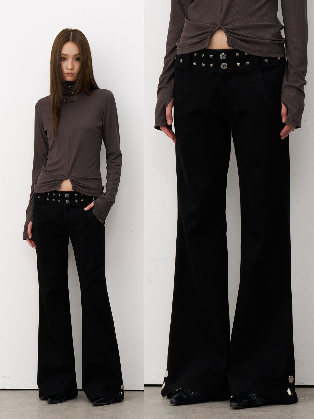 THELIGHT OFFICIAL Studded Micro Flare Trousers in Black - On Model