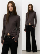 THELIGHT OFFICIAL Ruched Button Neck Crop Top in Gray - On Model