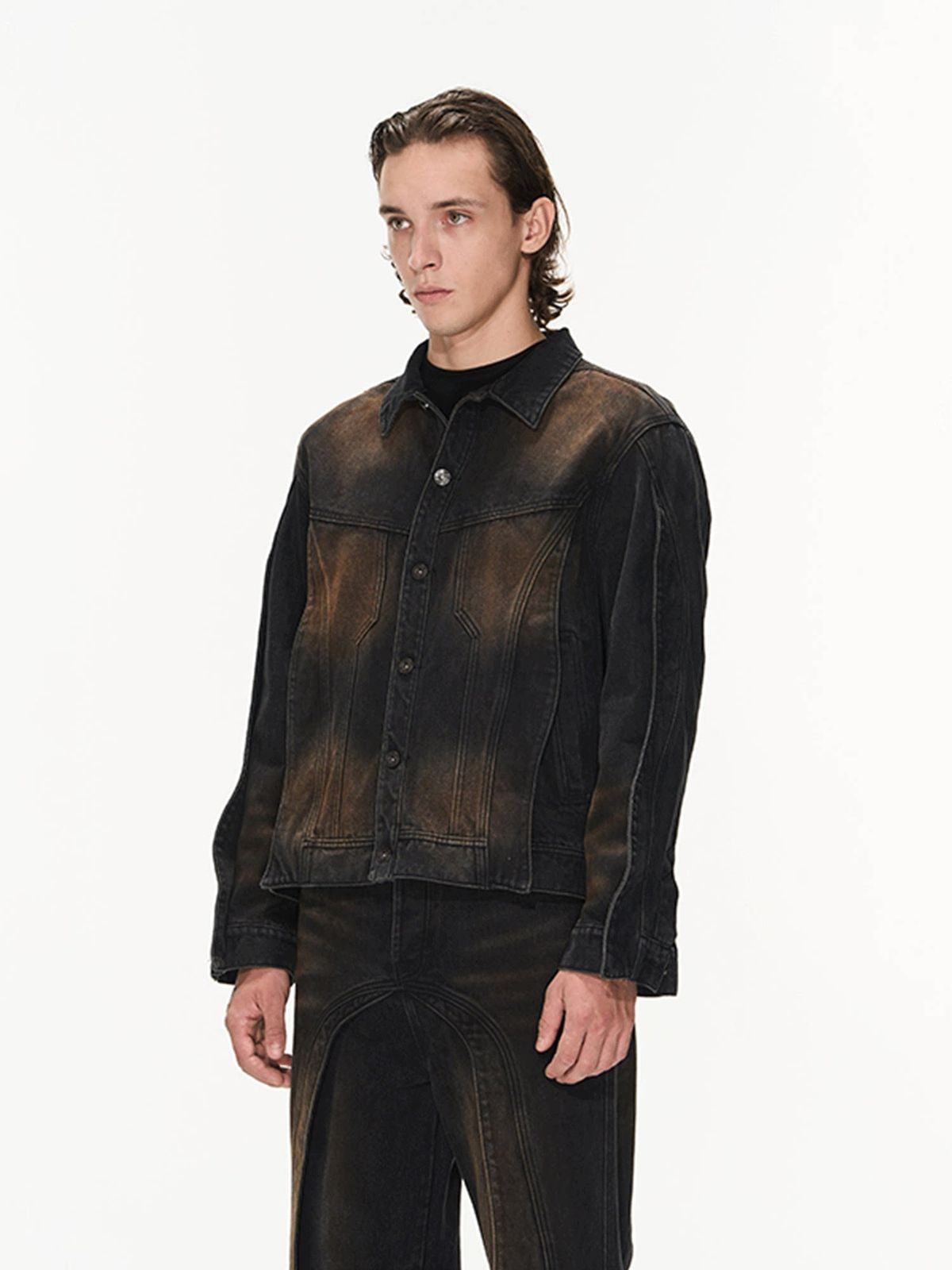 BLINDNOPLAN Mud Wash Structural Denim Jacket in Gray - On Model