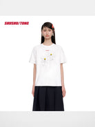 SHUSHUTONG Hand Sewn Flower Appliqu T Shirt in White - On Model