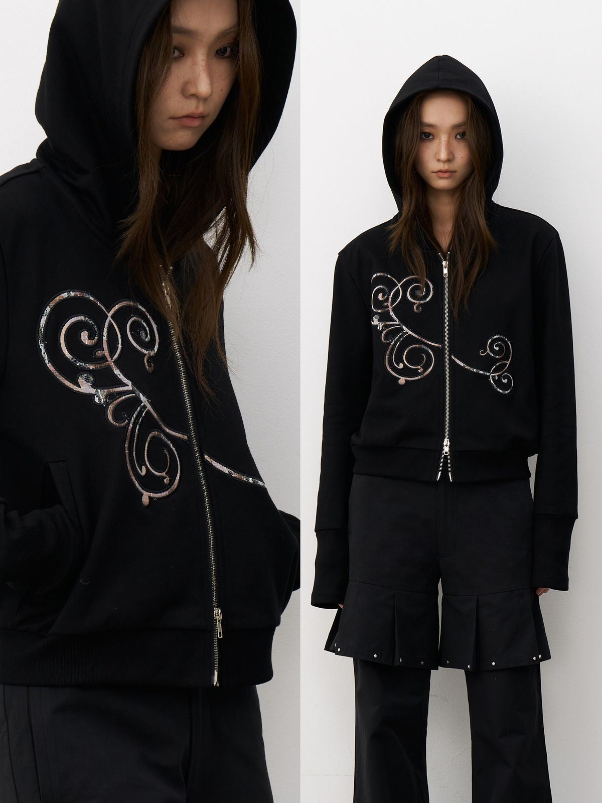 THELIGHT OFFICIAL Totem Appliqu Zip Up Hoodie in Black - On Model