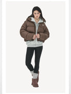 LOSTCTRL Cropped Down Puffer Jacket in Brown - On Model