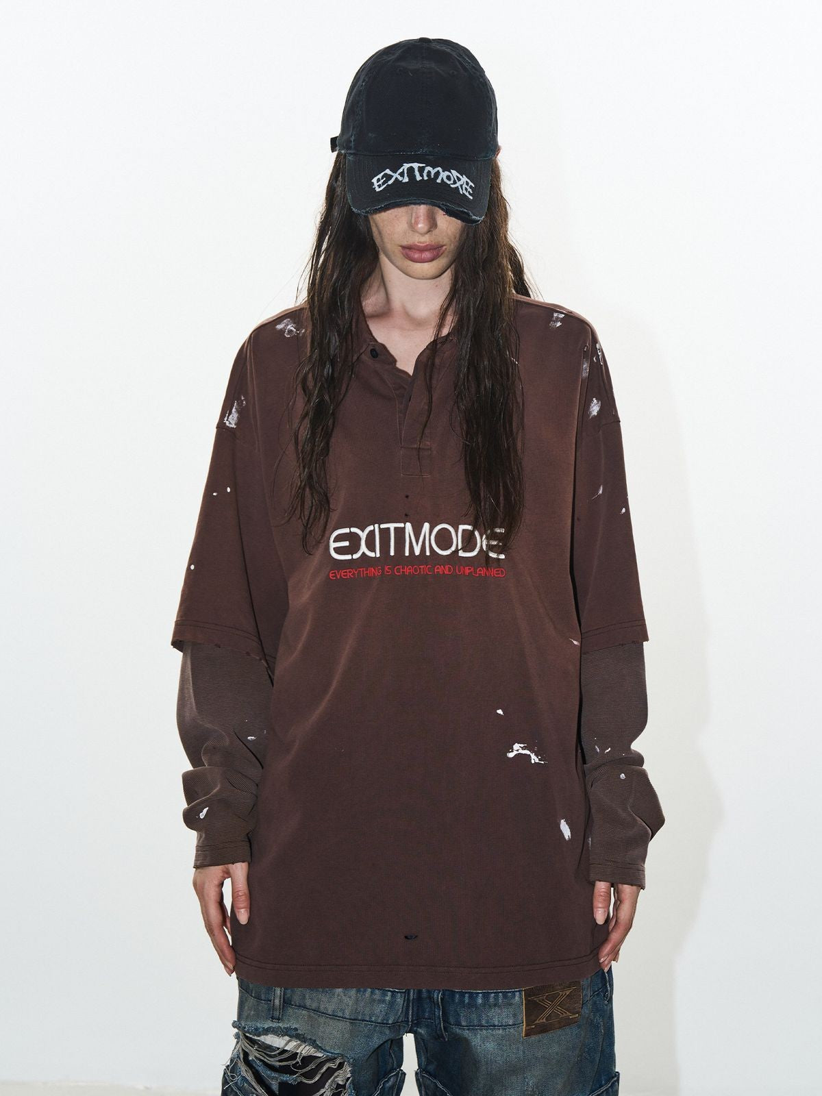 BLINDNOPLAN Distressed Ink Splatter Layered Polo in Coffee - On Model