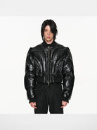 BLINDNOPLAN Cropped Layered MA 1 Bomber Jacket in Black - On Model