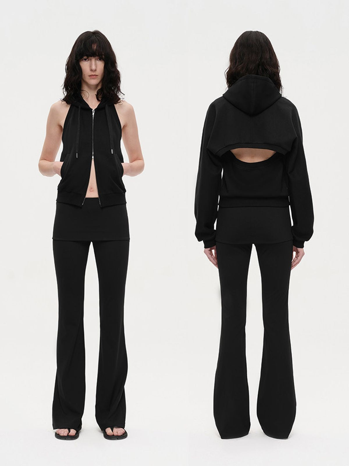 RARELY ALIKE Convertible Zip Up Hoodie in Black - On Model